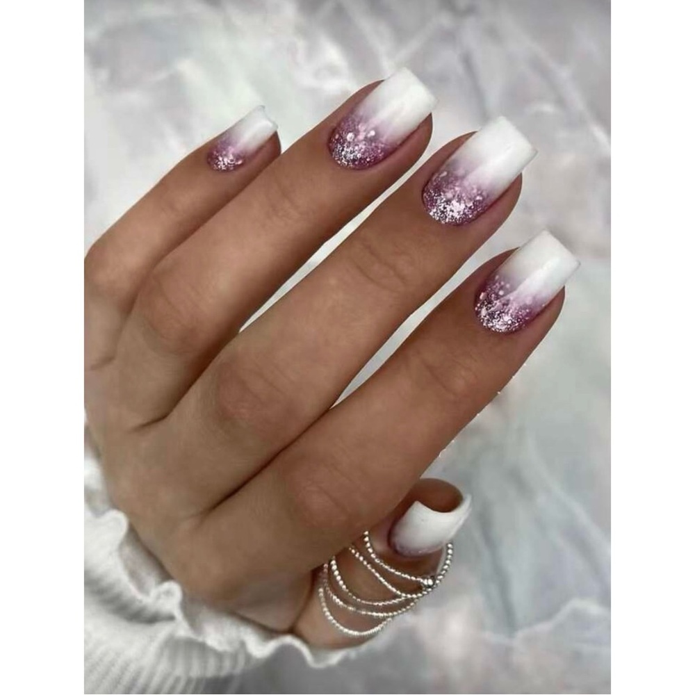 24 Piece White & Purple Glitter Ombre Press On Nails